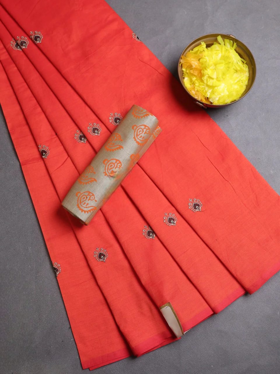 Embroidery Buttas Semi Silk Cotton Saree - Orange and Beige